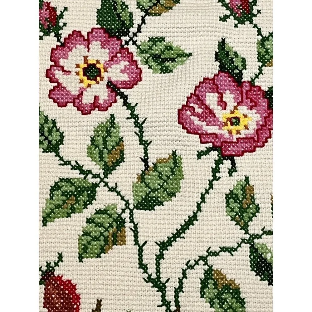 Handmade Floral Blanket Crochet Needlepoint Cross Stitch Afghan‎ Cottagecore 70s